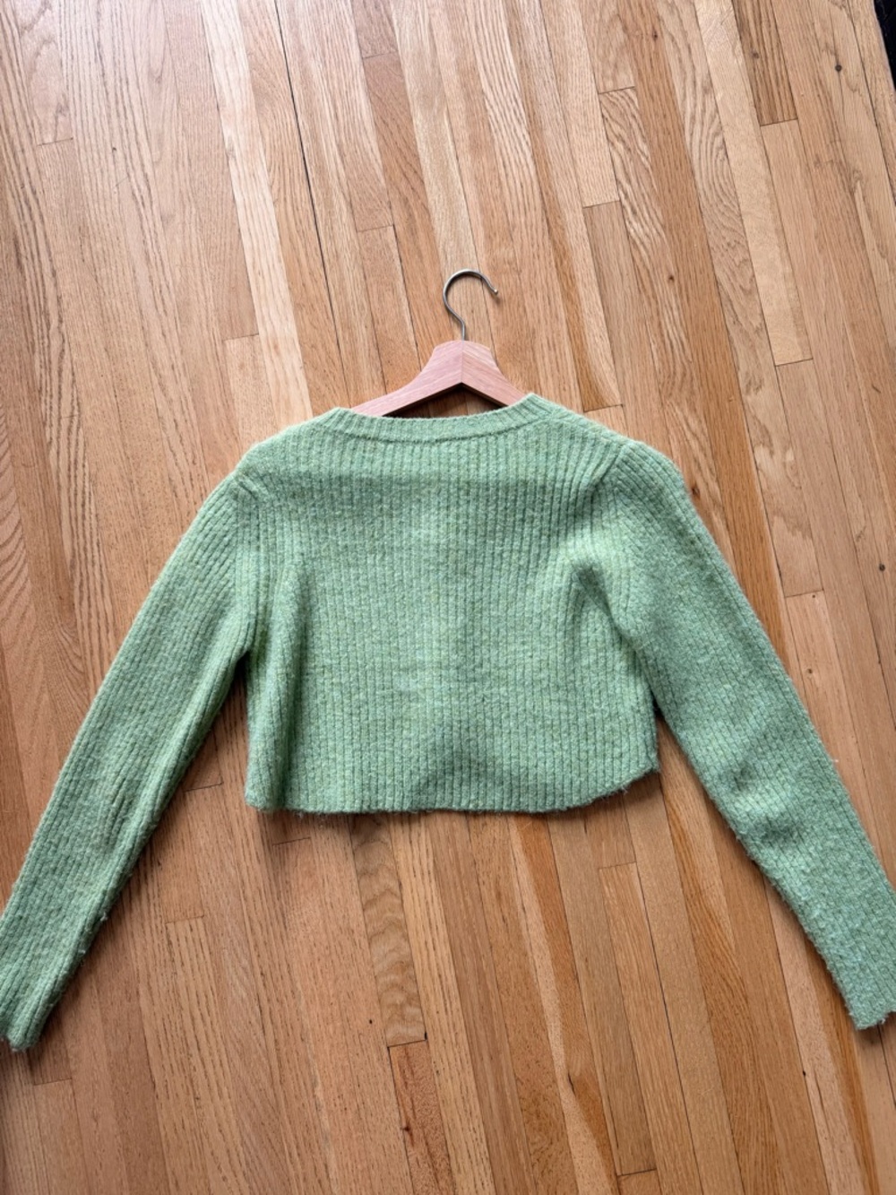 Mango Light Green Cropped Button Ribbed Cardigan - Picture 2 of 5